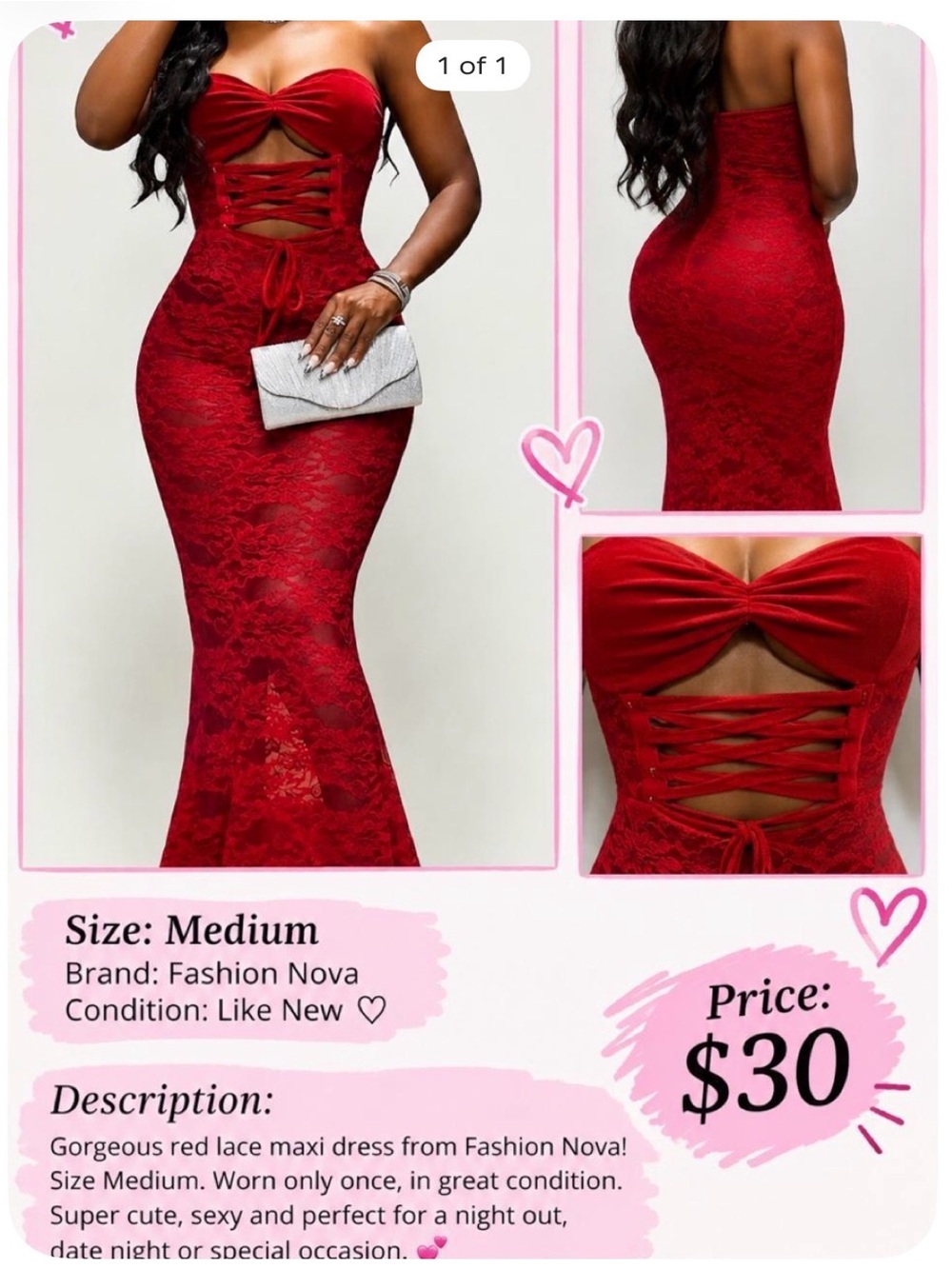 Fashion Nova Red Lace Strapless Lace-Up Maxi Dress